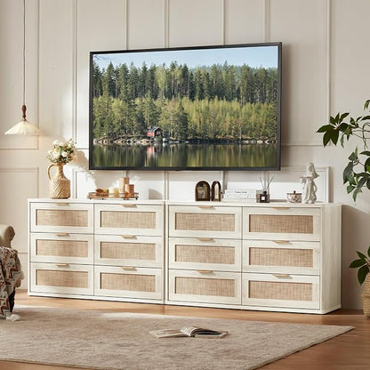 LEYAOYAO Rattan Dresser for Bedroom Set of 2, Boho 48" Wide White Dresser Chest - Image 5