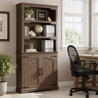 70 Inch Farmhouse Bookcase, Walnut Two-Tone Shelves, 5 Tier Bookshelf by Unknown