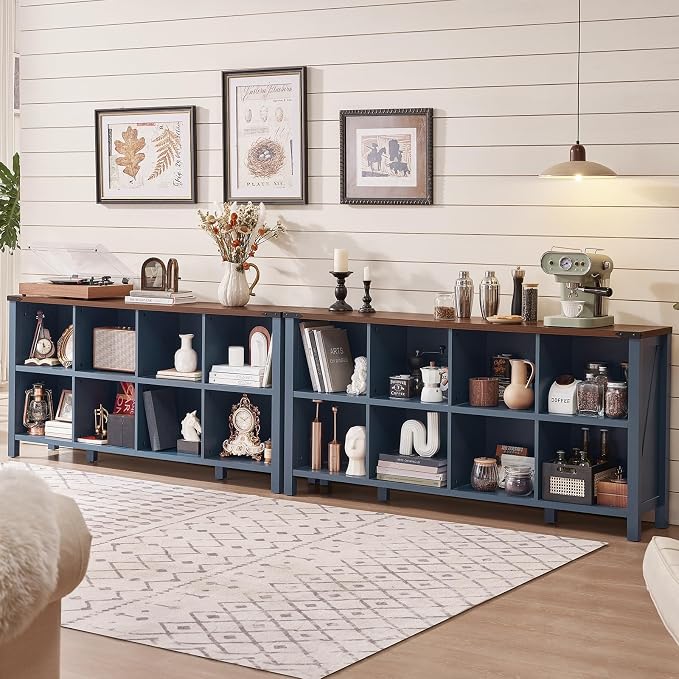 8 Cube Book Shelf, Farmhouse Wood Long Storage Organizer Bookcase, Hallway TV - Image 3