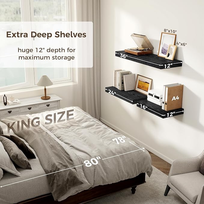 12 Inch Deep Black Floating Shelves, 24 x 12 Floating Shelf - Image 6