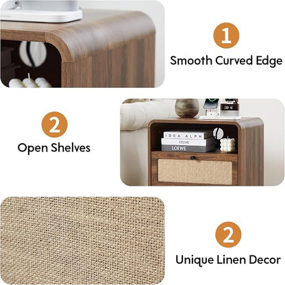 Set of 2 Night Stand with Charging Station, 19.7" Wooden Side Table Curved - Image 7