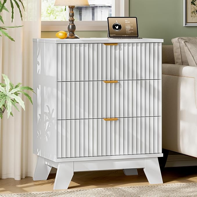 Fluted Nightstand with Charging Station, Modern Wood Side Table Night Stand - Image 3