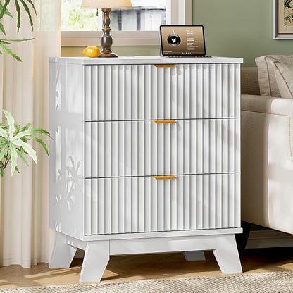 Fluted Nightstand with Charging Station, Modern Wood Side Table Night Stand - Image 3