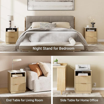 Fluted Night Stand Set 2 with Charging Station, 2 Drawers End Table with Storage - Image 7