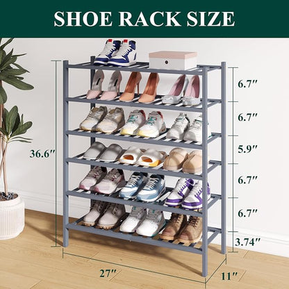 Smiry Bamboo Shoe Rack for Closet, 6 Tier Wooden Stackable Shoe Organizer - Image 2