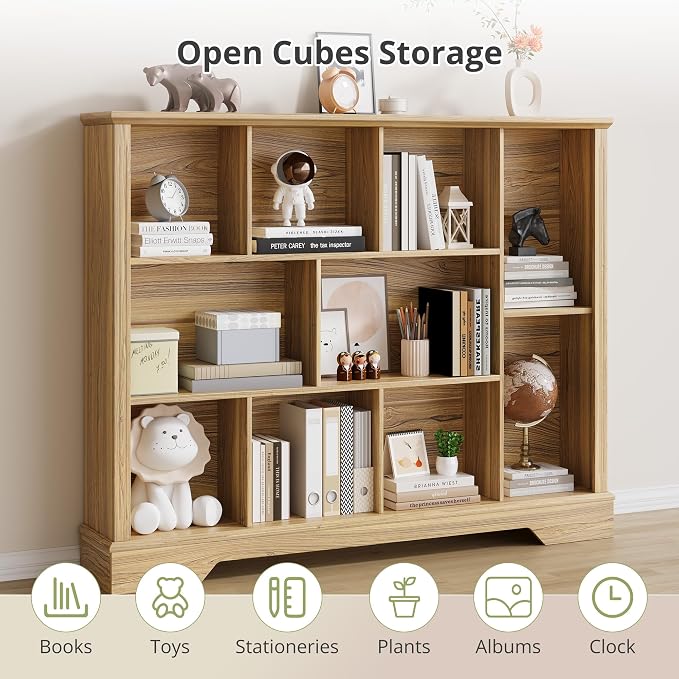 10-Cube Storage Bookcase, Modern 3-Tier Wooden Storage Organizer Open Bookshelf - Image 5