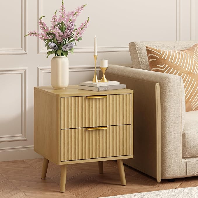 CARPETNAL Fluted Nightstand, Oak Bedside Table by CARPETNAL