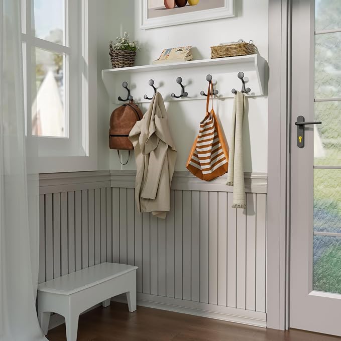 SKOLOO Wall Shelf with Hooks, 35-Inch White Coat Rack Wall Mount with Shelf - Image 5