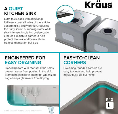 KRAUS Dex 33-Inch Undermount 50/50 Double Bowl TRU16 Gauge Stainless Steel - Image 4