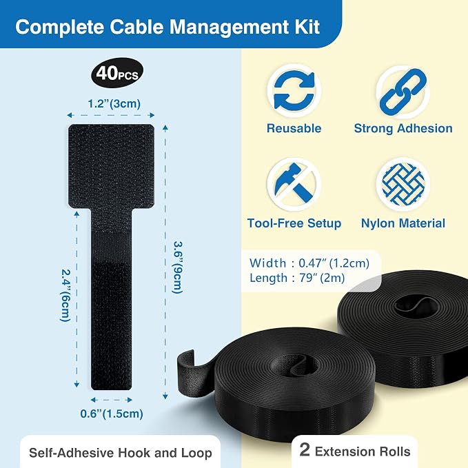 Cable Management Kit – 40 Self-Adhesive Hook and Loop Ties - Image 2