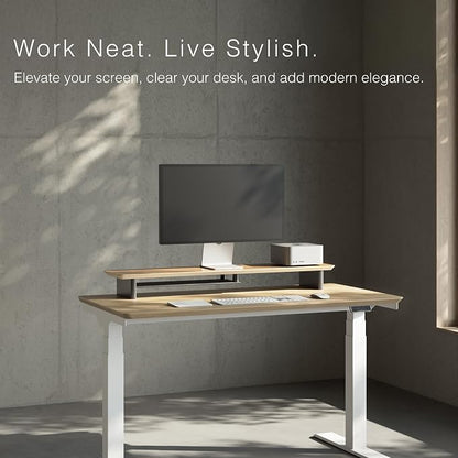 White Oak Dual‑Tier Ergonomic Desk Setup – Modern Wooden Monitor Stand & - Image 2