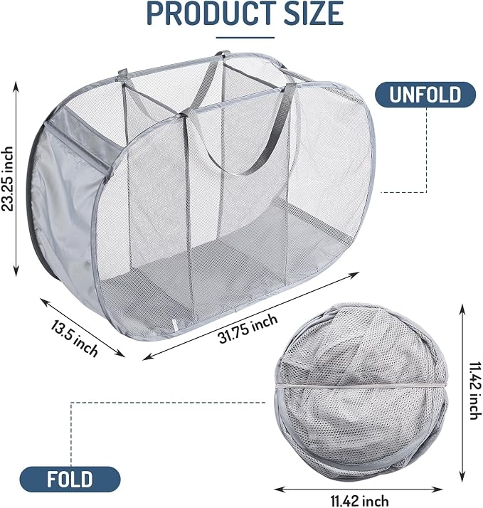 Mesh Popup Laundry Hamper 3 Compartment Sortable Horizontal Collapsible Laundry - Image 4