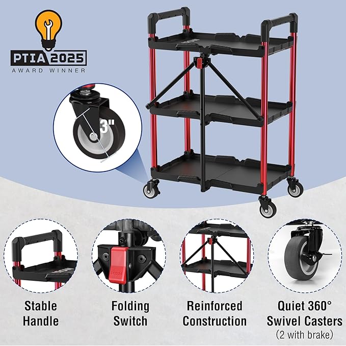 WORKPRO 3-Tier Collapsible Service Cart, 210 LBS Foldable Utility Service Cart - Image 5
