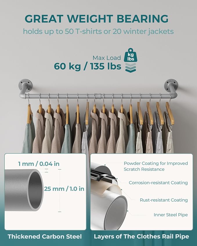 OROPY Industrial Pipe Clothes Rack Wall Mounted Set of 2, 38.4 inches Heavy - Image 3