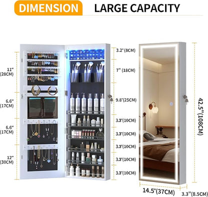LVSOMT LED Mirror Jewelry Cabinet, Wall/Door Mount Jewelry Armoire Organizer - Image 2