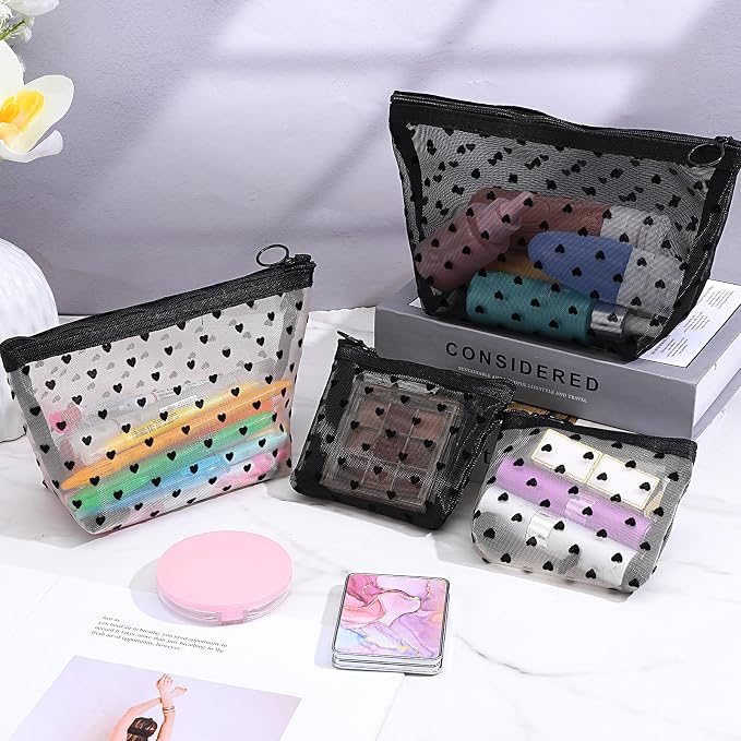 4 PCS Heart Printed Mesh Makeup Bag Set - Image 7