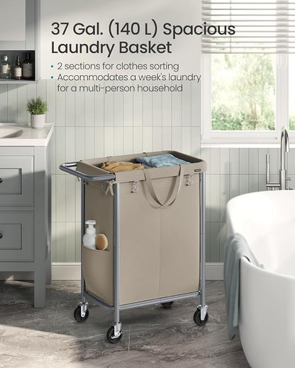 SONGMICS Laundry Basket with Wheels, 2-Section Rolling Laundry Hamper, 37 - Image 3