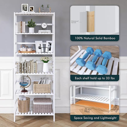 HITNET Bookshelf, 6-Tier Tall Bookcase Freestanding Bamboo Book Shelf Bathroom - Image 8