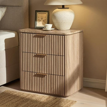 Fluted Nightstand with 3 Drawers, Engineered Wood Bedside Table with Faux by DelArk