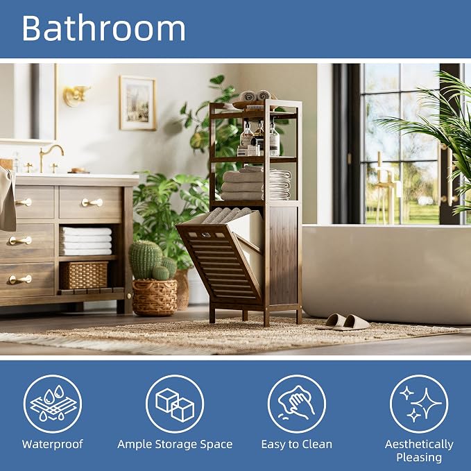HITNET Bamboo Tilt Out Laundry Hamper, Bathroom Storage Cabinet - Image 4