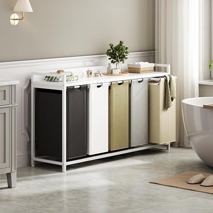 Laundry Hamper with Shelf, Laundry Basket 5 Section, Laundry Sorter with - Image 6