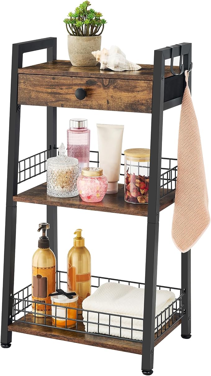 3-Tier Ladder Shelf with Drawer, Bathroom Stand Floor Storage Shelf, by Gewudraw