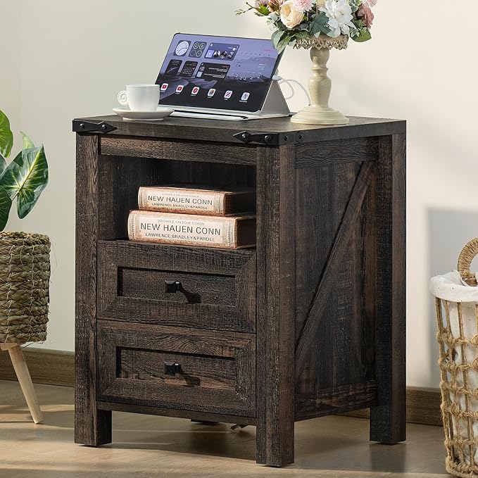 Nightstands Set of 2 with Charging Station, Farmhouse Night Stand with 2 - Image 2