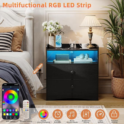 2 Pack Nightstand with Charging Station and LED Light, Modern Nightstand with - Image 3