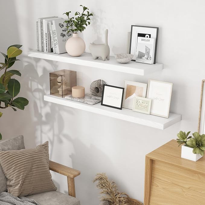 Fun Memories White Floating Shelves 48 Inch Long, Wood Wall Shelves 48x9.3x1.5 - Image 2