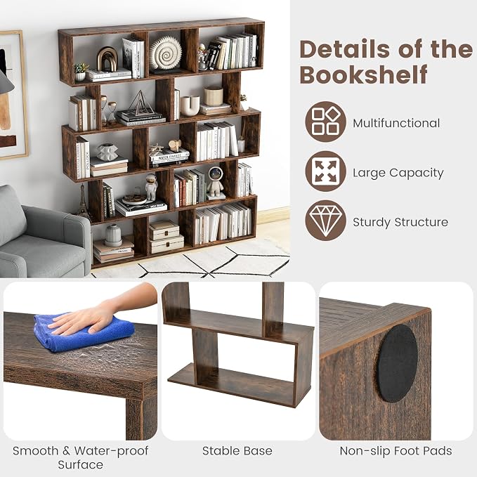 5-Tier Geometric Bookcase, 62.5” Freestanding Room Divider Bookshelf - Image 5
