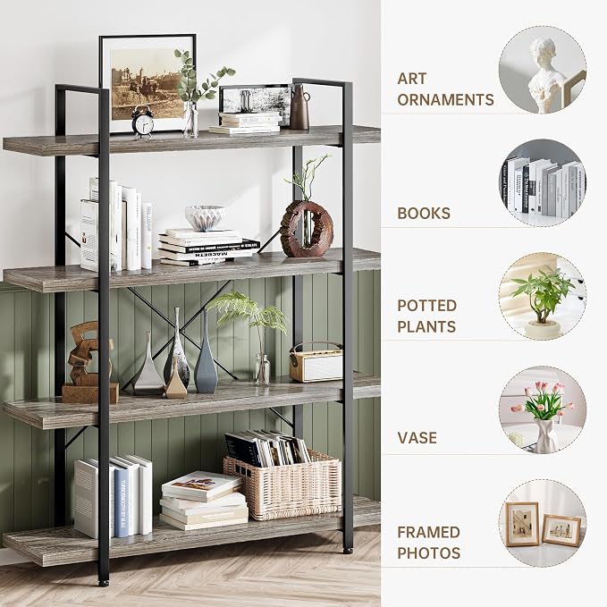 Bookshelf Set of 2, Heavy Duty 4-Tier Industrial Bookcase, 120lbs Shelf Capacity - Image 3