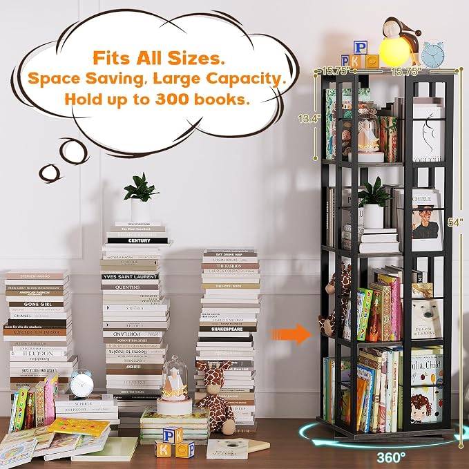 Aheaplus Rotating Bookshelf, 4-Tier Corner Bookshelf, 360 Display Wood Spinning - Image 4
