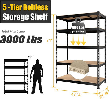 PrimeZone 48" W x 24" D x 72" H Heavy Duty Storage Shelves, 5 Tier Adjustable - Image 3