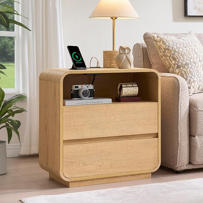 Curved Night Stand Set of 2, 23.2" Large Wood Farmhouse Nightstand - Image 3