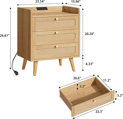 Rattan Night Stand with Charging Station, End Tables with 3 Drawer Dresser - Image 2