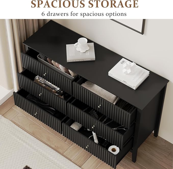 RoyalCraft Black 6 Drawer Dresser, Fluted Modern Wood Dresser, Double Chest of - Image 4