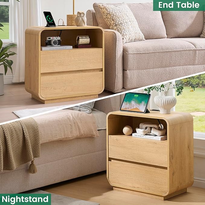 Curved Night Stand Set of 2, 23.2" Large Wood Farmhouse Nightstand - Image 8