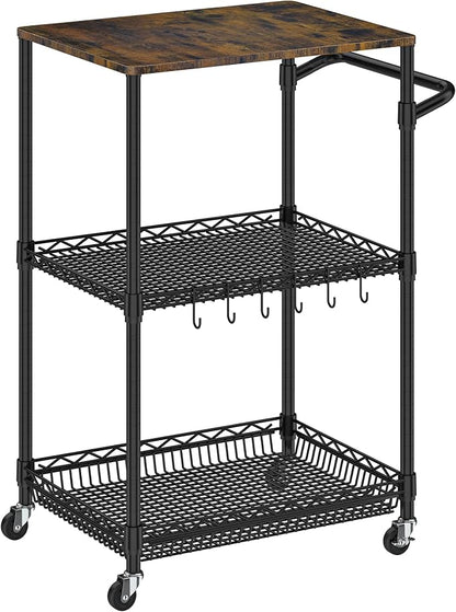 Rolling Kitchen Cart with Wheels, 3 Tier Metal Utility Cart with Wood Tabletop by Folews