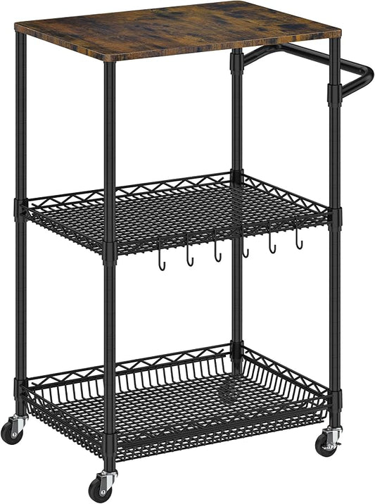 Rolling Kitchen Cart with Wheels, 3 Tier Metal Utility Cart with Wood Tabletop by Folews