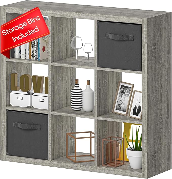 Bookshelf with Storage Bins, 9-Cube Storage Organizer Sturdy Wooden Bookcase by furtble