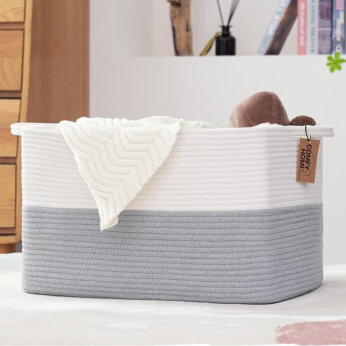 COMFY-HOMI Large Rectangle Laundry Storage Basket | Cotton Rope Woven, - Image 3