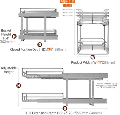 2 Tier Pull Out Cabinet Organizer, Roll Out Shelves and Drawer - Image 5
