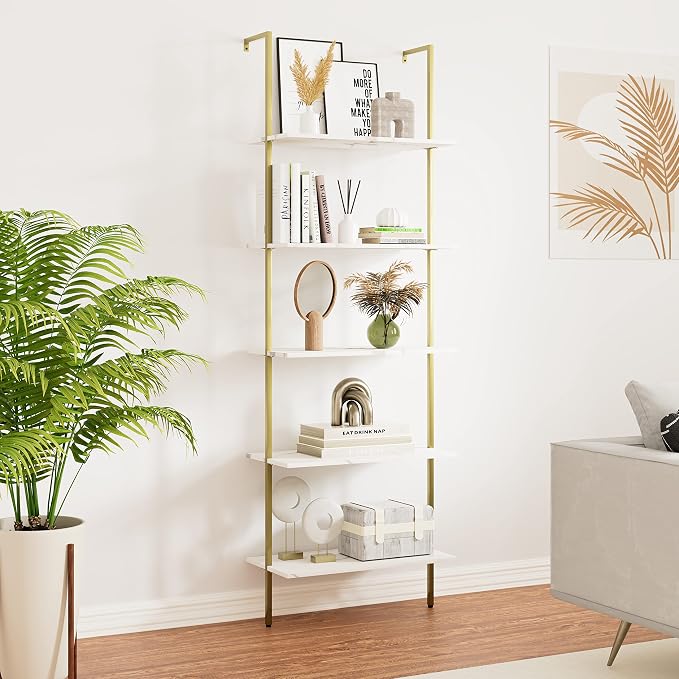 5 Tiers Ladder Shelf White Marble Modern Bookshelf Open Tall Wall Mount - Image 8