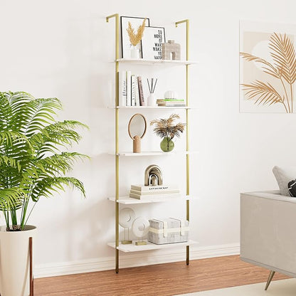 5 Tiers Ladder 2-Piece Shelf White Marble Modern Bookshelf Open Tall Wall Mount - Image 2