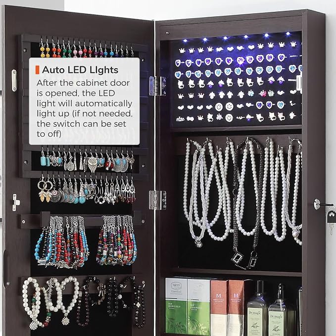 GISSAR Full Length Mirror Jewelry Cabinet, 6 LEDs Jewelry Armoire Wall Mounted - Image 7