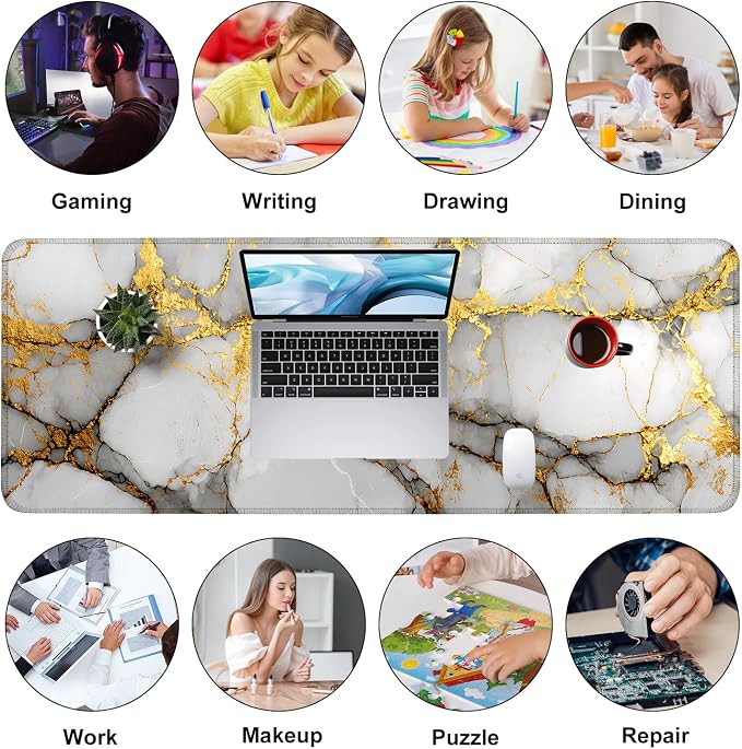 White Marble Mouse Pad – Large Extended Desk Mat 31.5 x 11.8 in– Elegant Gold - Image 9