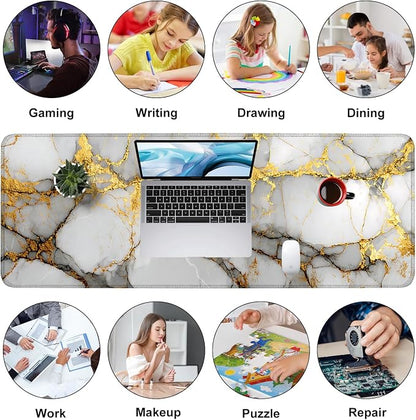 White Marble Mouse Pad – Large Extended Desk Mat 31.5 x 11.8 in– Elegant Gold - Image 9