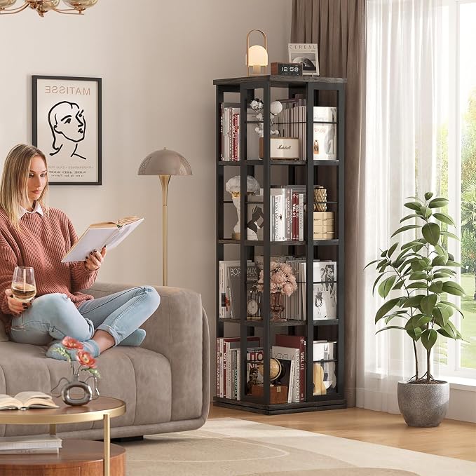 Aheaplus Rotating Bookshelf, 4-Tier Corner Bookshelf, 360 Display Wood Spinning - Image 2