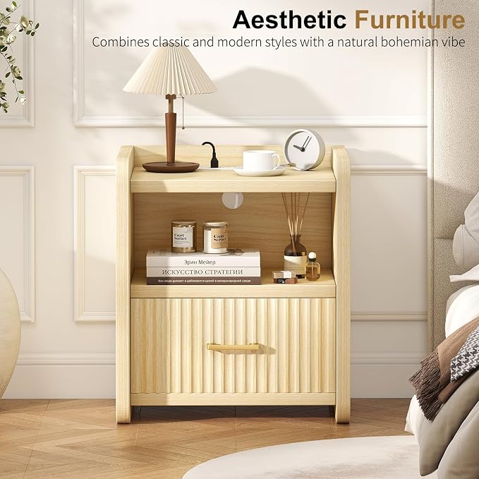 Night Stand with Charger Station, Fluted Nightstands Set of 2 with Drawer - Image 8