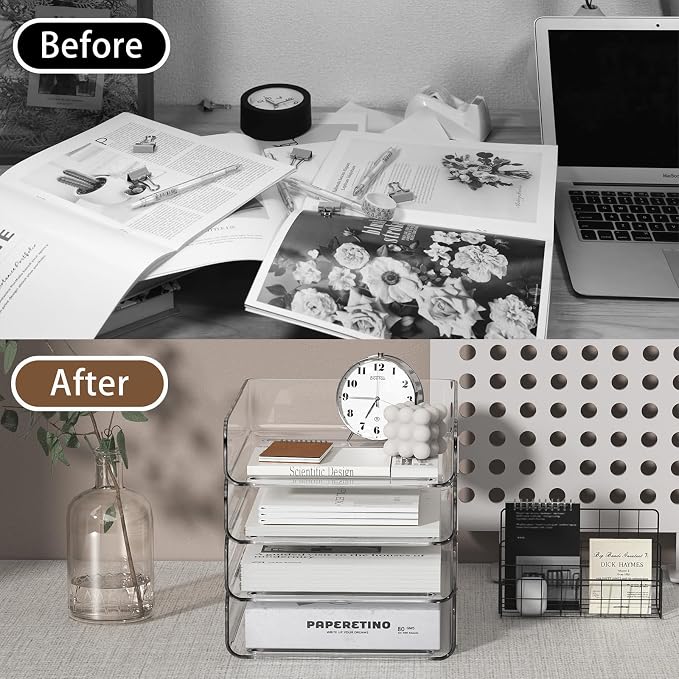 4-Tier Acrylic Paper Tray Organizer | Clear Stackable Desk Organizer - Image 7